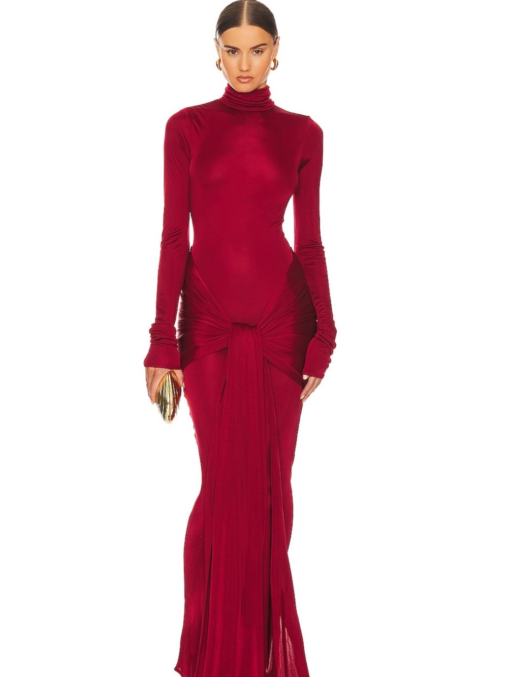 Turtleneck Knot-Front Maxi Dress in Deep Red